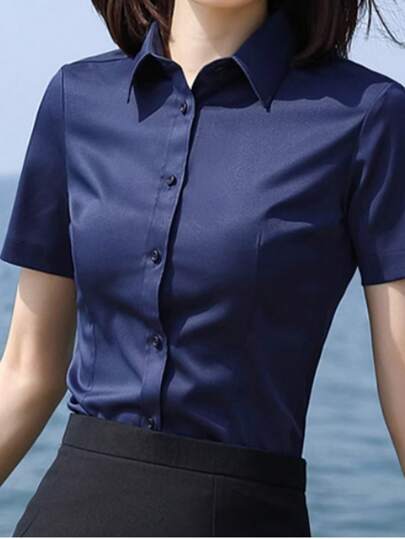 Women's Navy Blue Short Sleeve Shirt, Formal Work Wear, Business Suit Undergarment, 2025 Spring Summer New Style Top For Summer Office Lady