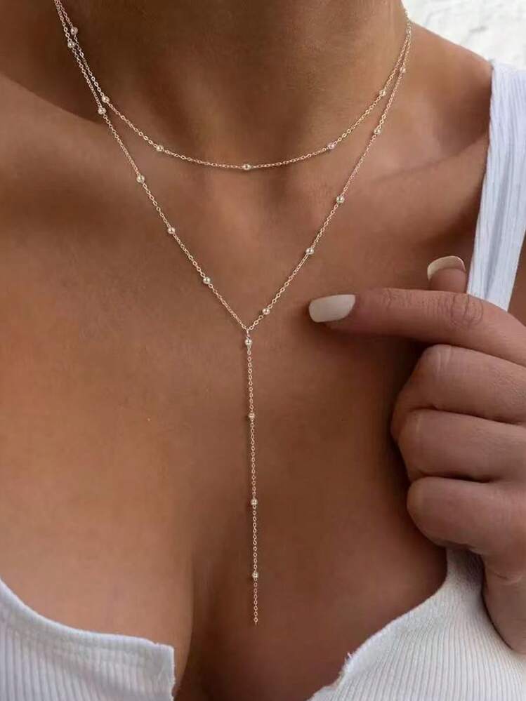 1pc Silver Stainless Steel Round Ball Unique Design Long Necklace Chain, Fashionable & Minimalist, Suitable For Parties, Dates, Holidays, Gift (Random Bead Quantity)