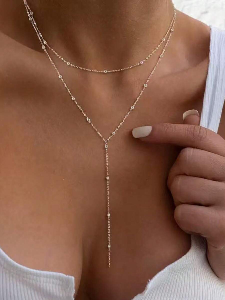 1 件银色不锈钢圆球独特设计长项链，时尚简约，适合派对、约会、节日、礼物（珠子数量随机） - 銀色 - 查看 1