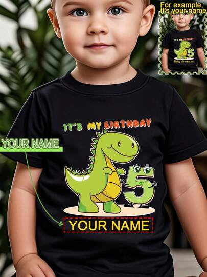 1pc Birthday Dinosaur Design Customized Name Printed Fashionable Creative T-Shirt, Boys Sports Casual Short Sleeve Top, Ages 1-8 Yrs, Quickly Shipped, Black Color