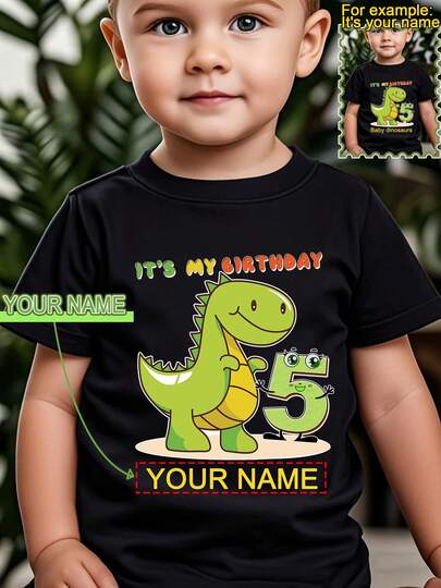 Gokntee 1 pieza Camiseta creativa de manga corta con diseño de dinosaurio de cumpleaños con nombre personalizado, para niños, negra, estilo deportivo casual, edades de 1 a 8 años,