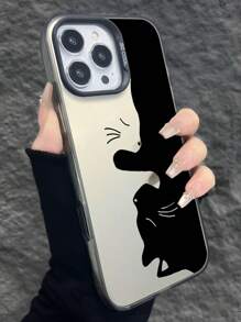1pc Minimalist Black & White Cat Pattern Matte Tactile Soft Touch Independent Button + Camera Hole + Matte Anti-Slip Anti-Drop IMD Phone Case Compatible With Apple & Phones