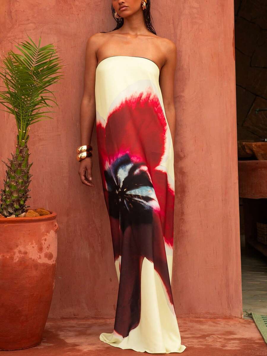 Women Elegant Tube Top Maxi Dress,Strapless Backless Flower Print Summer Long Dress Casual Or Party Dresses - 白色 - 查看 1