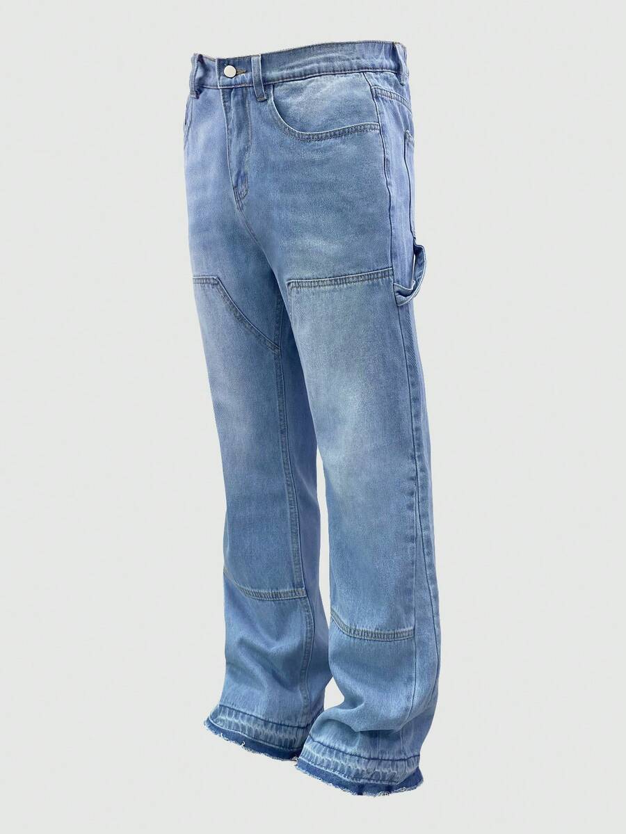 Patchwork Ripped Jeans, Washed Cotton Relaxed Fit Fashion Jeans, Flared Leg Jeans For Couples, Gift - Baby Blue - View 1