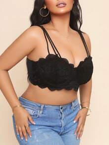 Plus Size Women Elegant Lace Embellish Wireless Bra With Adjustable Straps, Sexy Ultra-Thin Cup Bra - Black - View 5