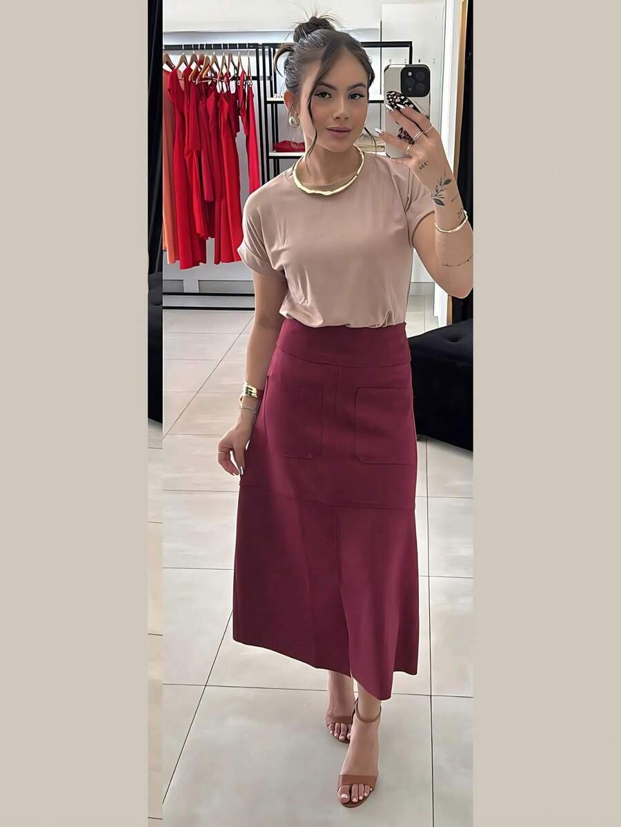 WOMEN'S SUEDE SKIRT WITH ZIPPER AND POCKET. STYLE AND ELEGANCE. - 酒紅色 - 查看 1