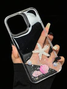 1pc Textured Transparent Starfish & Pink Shell 2-In-1 Resin Mobile Phone Case Compatible With IPhone 11 12 13 14 15 Pro Max Waterproof Shockproof Anti-Fall Scratch Resistant