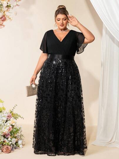 Plus Size Elegant Sequin Spring V-Neck Ruched Butterfly Sleeve Bridesmaid Dress ,Prom Gown,Formal Wedding Guest Gown, For Graduation, Dinner