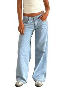 Women's Baggy Denim Pants High Waisted Y2K Wide Leg Oversized Plus Size Boyfriend Cargo Jeans Streetwear Trousers - 運河藍 - 查看 1