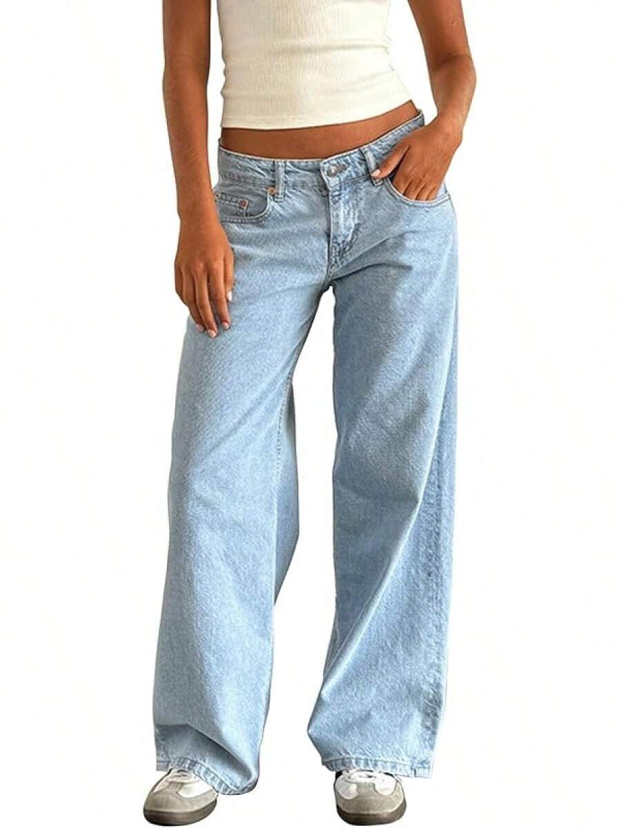 Women's Baggy Denim Pants High Waisted Y2K Wide Leg Oversized Plus Size Boyfriend Cargo Jeans Streetwear Trousers - 運河藍 - 查看 1