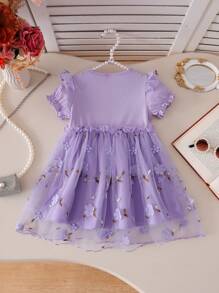 Girls Summer New Mesh Embroidered Floral Trim Short Sleeve Dress