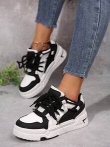 2025春季新款女黑白学生滑板鞋时尚百搭透气运动鞋休闲鞋ins风 - 黑與白 - 查看 3