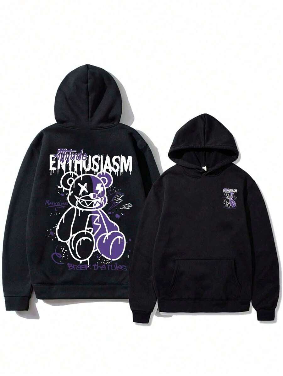 Purple Bear Sweatshirt Cold Weather Streetwear New Arrival Warm Cotton Coat Flannel Sweatshirt - Immediate Shipping - 黑色 - 查看 1