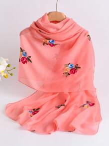 1pc Elegant Floral Embroidered Linen Scarf, Fashionable Versatile Hijab/Shawl For Women, Lightweight And Windproof For Outdoor, Daily Wear