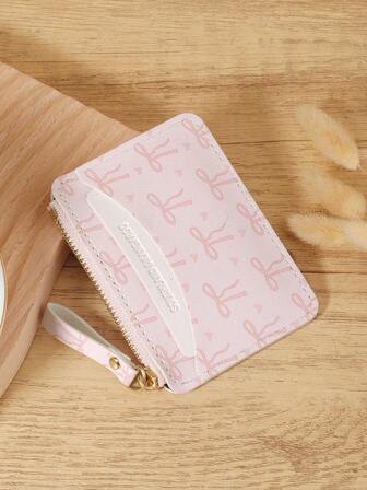 Pink Bow Love Pattern Zipper Small Wallet Coin Pocket Small Purse Bifold Slim Women Wallet MiniThin,Lightweight,Multi Layer Portable,ID Card,Money Credit Card Minimalist,Fashion,Modern,Business,For Anniversary,For Birthday Gift,For Gift,For Girls,For Lady,For Female,Bag School Supplies For School Dorm Room & Back To School