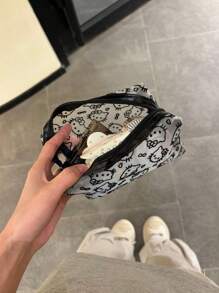 Sanrio 1pc Kitty Flocked & Mesh Portable Cosmetic Bag, Large Capacity Makeup Storage Pouch, Practical For Outdoor Use