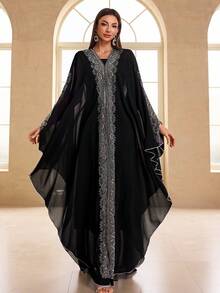 YISIKADO Women Modest Festival Dress Arabic Style Rhinestone Chiffon V-Neck 2 Pieces Set Prom Party Long Dress Turkish Style Hooded Long Sleeve Dress Kaftan Arabian Dress,Gown,Formal,Evening,Wedding Guest - Black - View 5