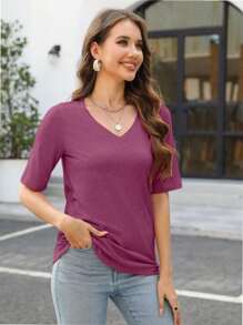 QUEENTI Women's Casual Short Sleeve Slim Basic Blouse