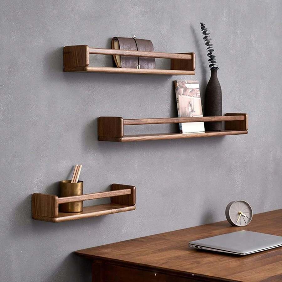 1pc In-Stock Wooden Wall Mounted Floating Shelf, Home Decor Display Rack For Living Room, Figurines, Plants - Multicolor - View 1