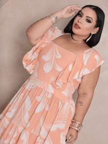 Plus Size Long Dress With Ruffle On The Shoulder - Salmon Estam. - View 4
