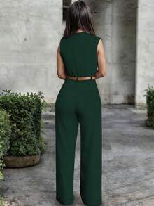 Mono de pierna ancha de cuello profundo con bolsillo oblicuo y cintura ajustable con cinturón modelo colette - Verde Oscuro - Ver 5