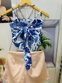 One Size Shirt Set With Tie At The Back And Print, Shorts With Zipper And No Pocket - Bronze - View 2