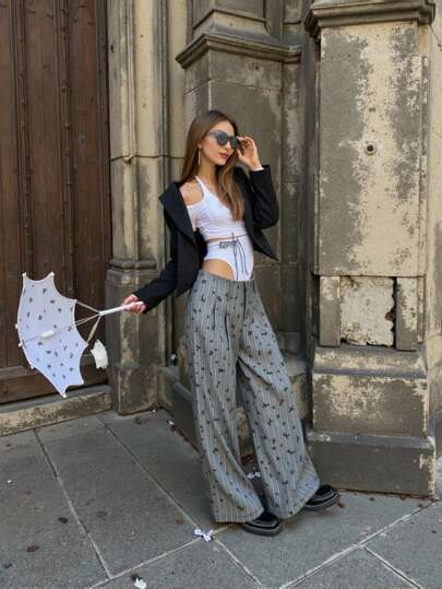 2025 New Gray Vintage Bow Graphic Casual Pants For Women, Loose Wide Leg Straight Trousers, Versatile