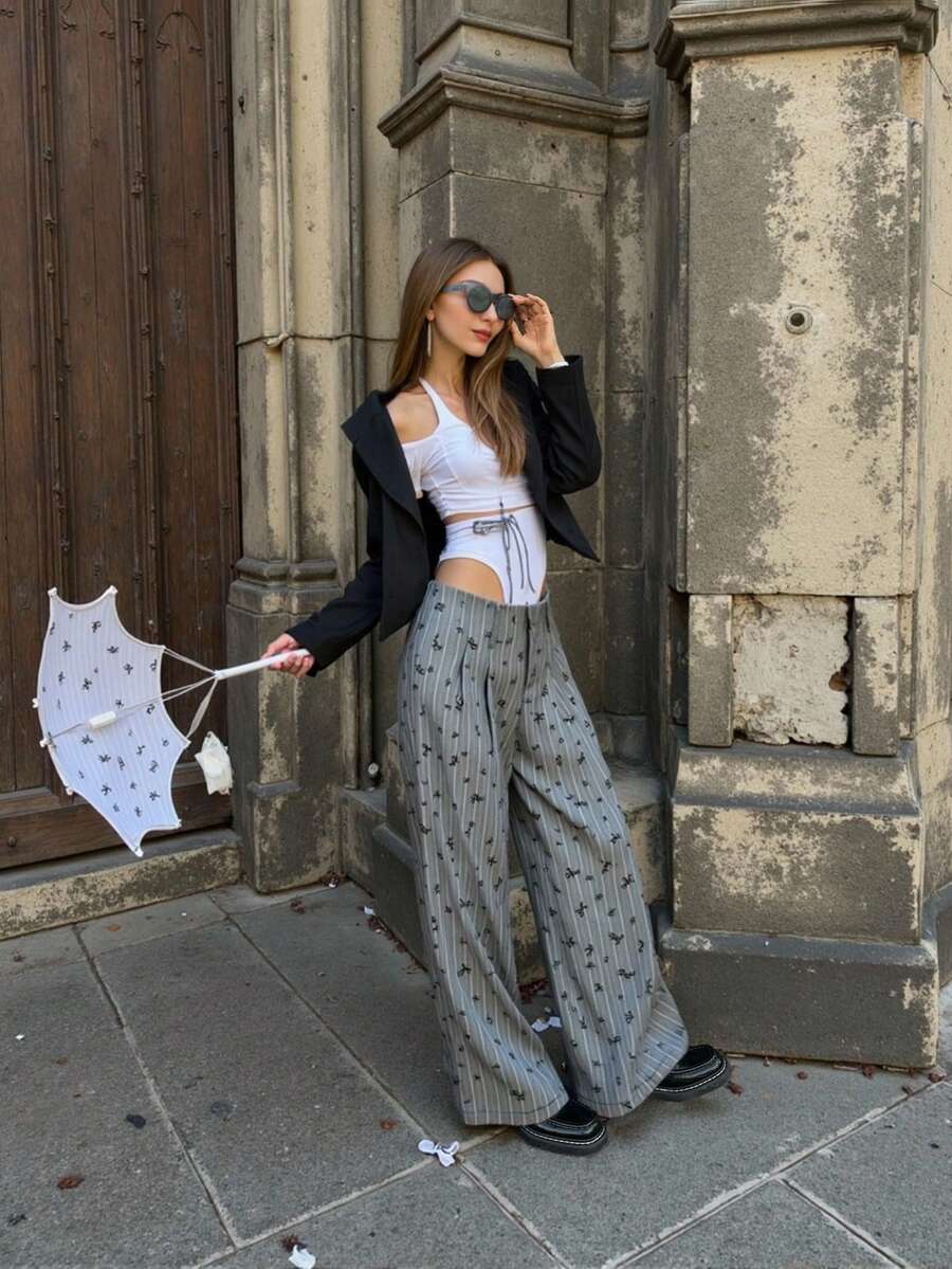 2025 New Gray Vintage Bow Graphic Casual Pants For Women, Loose Wide Leg Straight Trousers, Versatile