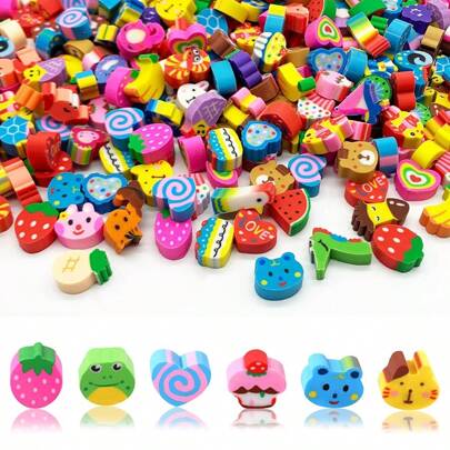20-200pcs Mini Erasers Fruit Animal Number Cake Heart Designs School Supplies Graduation Gifts Classroom Prizes Birthday