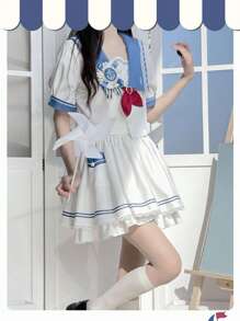 Gotea Girl's Sailor Uniform Set, Blue Navy Academy Style Short Sleeve Summer Set (Comes With Tie)