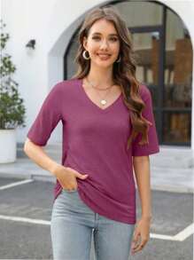 QUEENTI Women's Casual Short Sleeve Slim Basic Blouse