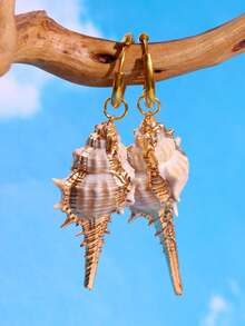 1 Cặp Hoa tai bằng thép không gỉ mạ vàng tự nhiên không đối xứng, Phụ kiện trang sức tự nhiên thời trang cho phụ nữ cho kỳ nghỉ bãi biển mùa hè - Nhiều màu - Xem 4