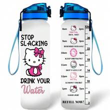 Sanrio 1 pieza Botella deportiva de gran capacidad Sanrio Hello Kitty, de plástico resistente a los arañazos, taza de viaje a prueba de fugas con marcas de escala, adecuada para deportes al aire libre, fitness, camping, hidratación de verano, 1000ml/32oz (con cordón incluido)
