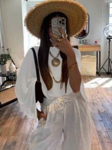 Women's Solid Color Bat Sleeve Knit Sweater - White - View 3