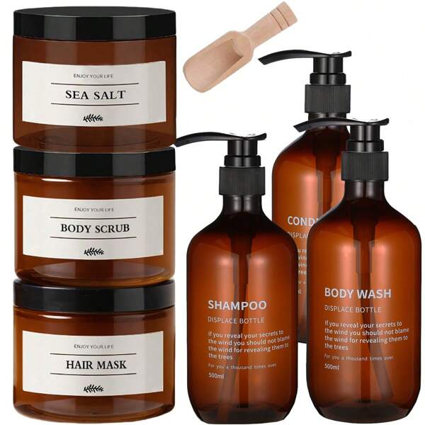 3pcs 500ml Brown Thick Neck Replacement Pump Bottles For Shampoo, Body Wash, Conditioner, Bath Salt, Lotion, Massage Cream Home Bathroom Decor Fall Decor Back To School