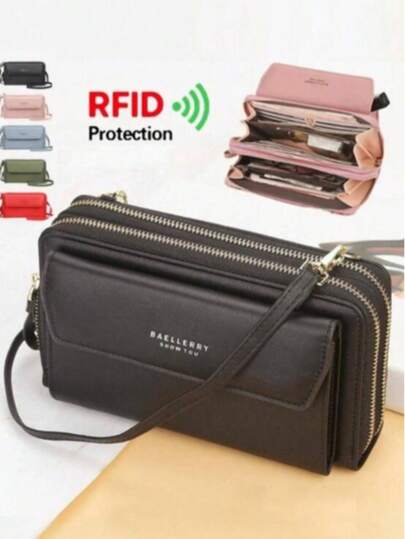 双拉链大容量长款钱包，女士斜挎手机包，手拿包，迷你钱包，腕包