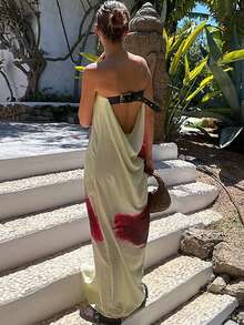 Women Elegant Tube Top Maxi Dress,Strapless Backless Flower Print Summer Long Dress Casual Or Party Dresses - 白色 - 查看 7