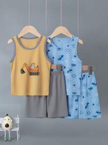 4pcs/Set Kids Cartoon Excavator Print Vest & Shorts Set, Lightweight Summer Casual Pajamas, Plane Pattern - Multicolor - View 1