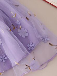 Girls Summer New Mesh Embroidered Floral Trim Short Sleeve Dress