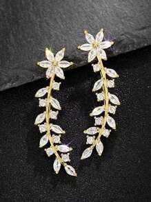 1 Pair Luxury Cubic Zirconia Flower Leaf Vine Ear Climber Stud Earrings,Elegant Cuff Earring For Women Wedding Engagement Anniversary Party Jewelry Gift