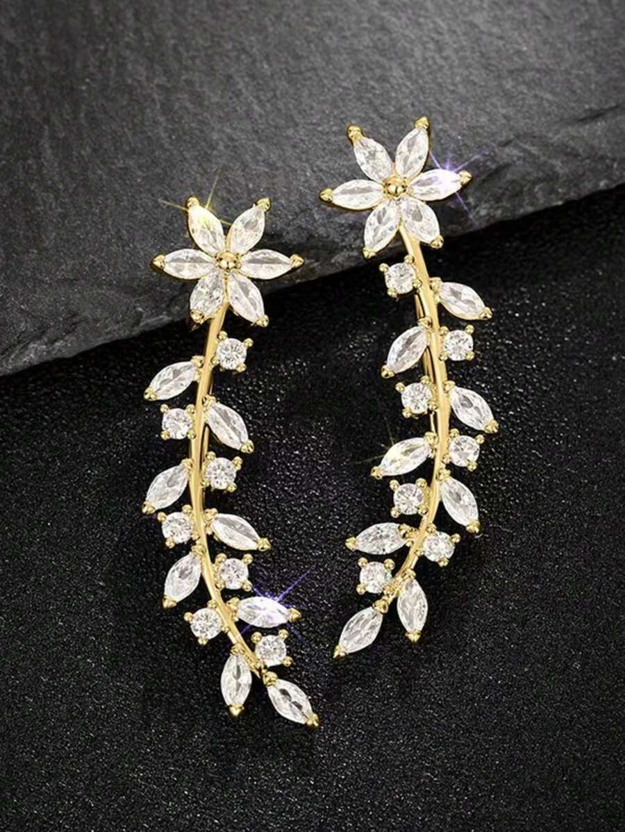1 Pair Luxury Cubic Zirconia Flower Leaf Vine Ear Climber Stud Earrings,Elegant Cuff Earring For Women Wedding Engagement Anniversary Party Jewelry Gift