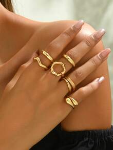 Set de 6 piezas de anillos versátiles con textura ondulada y diseño minimalista de cruz, anillos planos y redondos, adecuados para mujer para citas, reuniones y fiesta - Anillo de lágrima de oro de 6 piezas - Ver 3