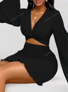 Women Summer Vacation Solid Color Knot Front Crop Flare Sleeve Top And Shirred Bodycon Mini Skirt Vacation 2-Piece Set
