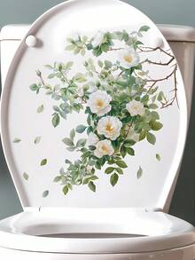 1 pieza Calcomanía para tapa de inodoro con diseño de flor y hoja verde, calcomanía floral modernista para inodoro - PVC impermeable, adhesivo para decoración de baño, decoración de pared, decoración del hogar, decoración de dormitorio (30cm x 45cm) para arte de pared del baño, decoración del hogar, decoración de la sala de estar, artículos de decoración de primavera para refrescar su hogar, para el Día de la Madre y los adhesivos decorativos del baño, regalos conmemorativos de graduación y cumpleaños