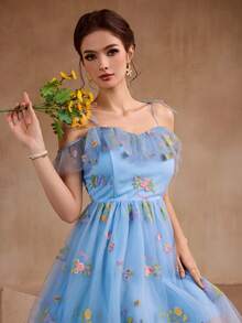 Summer Women's Elegant Vacation Mesh Spaghetti Strap Waist Ombre Floral Swing Dress Graduation Dress Birthday Party Mini Dresses - Dusty Blue - View 7