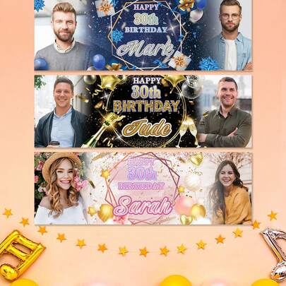 1pc Customized Photo Birthday Background Wall Banner, Personalized Customize Name Age Photo Background Cloth, Birthday Banner, Party Decoration, Suitable For Male And Female Birthday Party Decoration, Customized Indoor And Outdoor Birthday Posters,Art Activities For Party Top ,Scandinavian Style