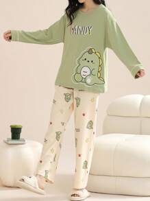 AICJ 2pcs/Set Women Casual Dinosaur Print Long Sleeve Top And Pants Pajama Set, Spring/Summer/Autumn Home Wear Outfit