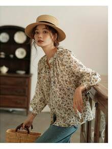 Ditsy Floral Printed Loose Layered Bluzka, Elegancki Casual Top Dla Kobiet