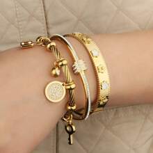 Set de 3 piezas/1 set de Multi-Colgante y Pulsera de Acero Inoxidable, con diseño de tornillo y estilo de flor de ciruelo con circonita cúbica, adecuado para uso diario y como regalo, en todas las estaciones