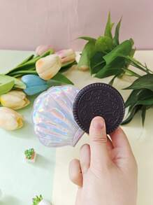 2 Stücke Dreifache Laser-Muschelspiegelchen und niedliche Schokoladen-Keksspiegelchen, tragbare doppelseitige Make-up-Nachbesserungs-Accessoires, Mini-Klappkosmetikspiegel für Outdoor